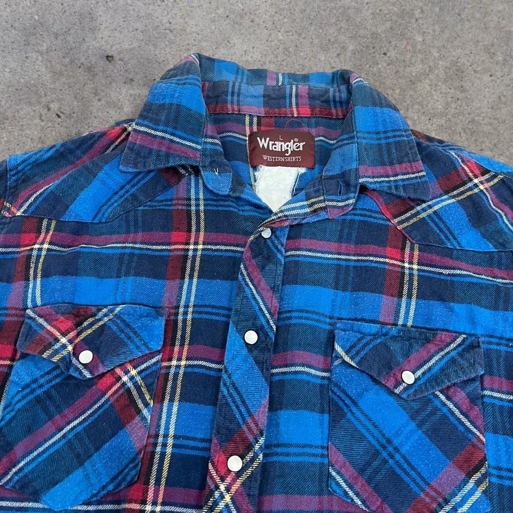 Vintage 70s Wrangler Western Pearl Snap Plaid Flannel Shirt‎ Red Blue Mens XL